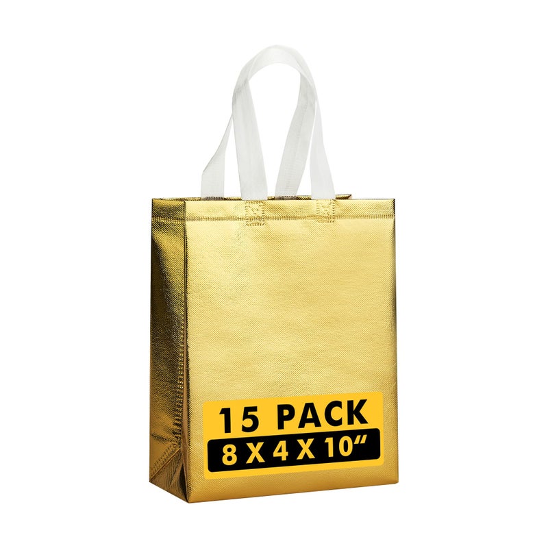 RACETOP Medium Gold Gift Bags with Handles â€“ Set of 15 Reusable 100g Gold Party Favor Bags - Ideal for Birthday, Wedding, Bachelorette, Holiday Goodie Bags â€“ 8x4x10 Inches, Upgraded - Image 1
