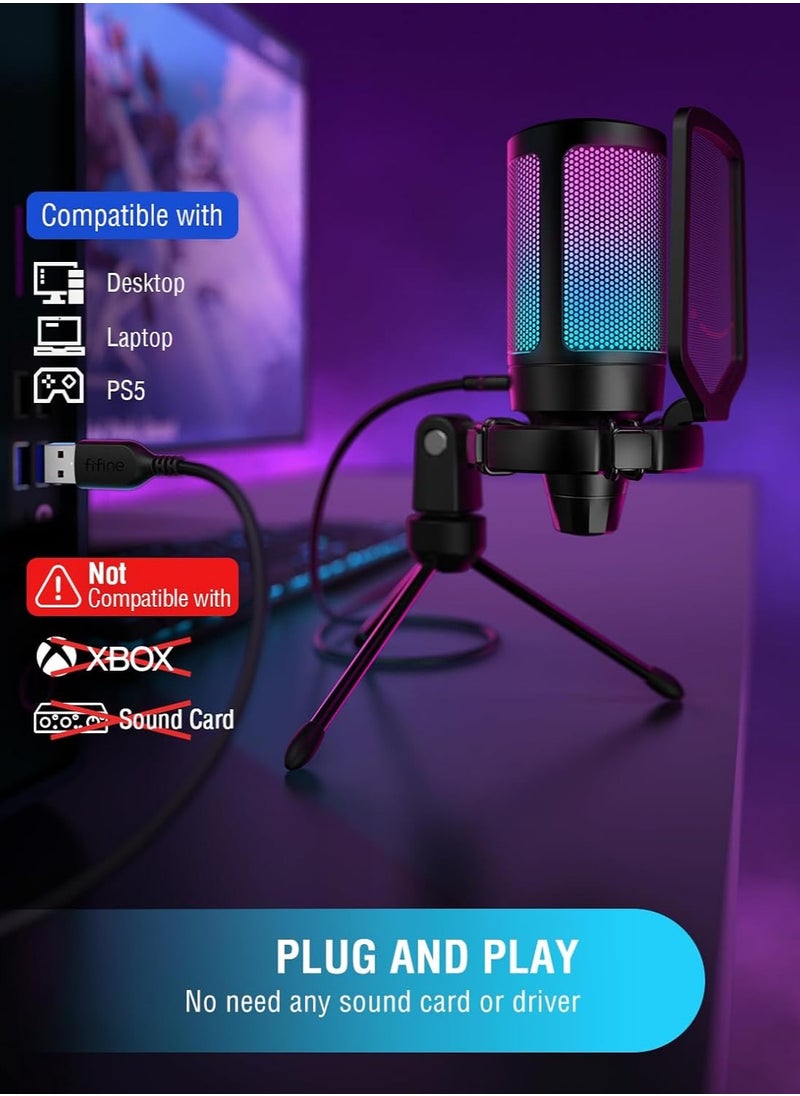 Gaming USB Microphone for PC PS5, Condenser Mic with Quick Mute, RGB Indicator, Tripod Stand, Pop Filter, Shock Mount, Gain Control for Streaming Discord Twitch Podcasts Videos- AmpliGame