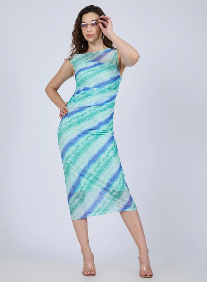 Outzidr  Blue Tie-Dye Print Bodycon Midi Dress for Women | Best Price UAE
