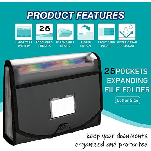 NISUN A4 Size 25 Pockets File Folder for Document Organiser Portable Plastic Letter Size Documents Storage with Coloured Tags for Office and School - (Black,33 X 8.5 X 24 Cm) - Image 5