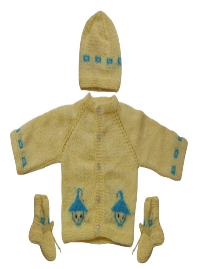 Cute Collection Hand Made Front Open Woolen Sweater with Cap & Booties Set for 0 to 3 Months Baby (Unisex) Yellow - Image 1