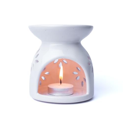 AuraCam موزع زيت عطري سيراميك AuraCam مع شمعة ضوء الشاي - عبوة من 1 | موزع زيت سيراميك | موقد زيت عطري | موزع عطر للمنزل والمكتب والحمامات (أبيض) - Image 1