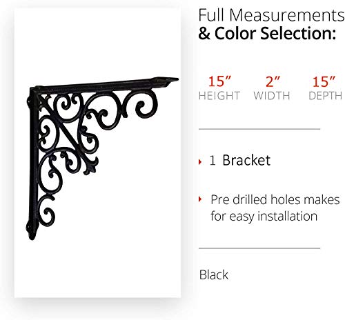 NACH Decorative Shelf Brackets, 1 Pack of 15 x 2 x 15 inch, Black Cast Iron Wall Shelf Brackets - Decorative Bookshelf Brackets - Victorian Style Shelf Bracket - Image 3