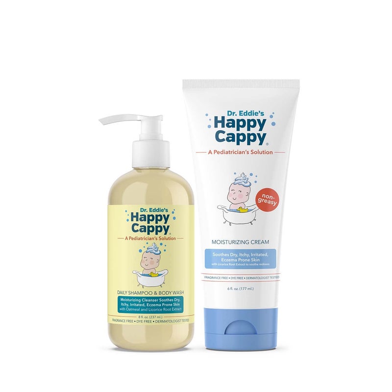 Happy Cappy Baby Shampoo and Body Wash and Moisturizing Cream Bundle - Eczema Body Wash and Lotion for Kids, Toddler, Adults, Helps with Dryness, Reduces Itching, Dermatologist Tested, Fragrance-Free - Image 1