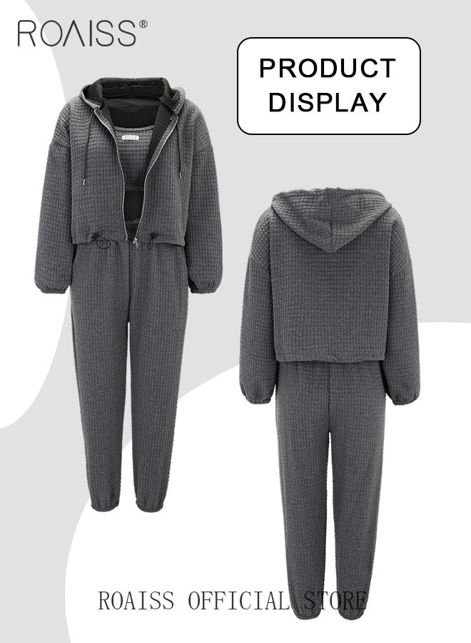 roaiss Women 3 Piece Set Hooded Long Sleeve Sweatshirt with Zip & Anti Exposure Camisole Tank Top & Sweatpants with Waffle Element Classic and Timeless Solid Color Design Loose Fit to Enhance the Figure - Image 5