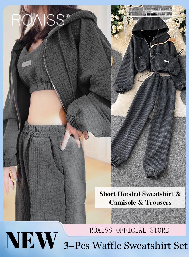 roaiss Women 3 Piece Set Hooded Long Sleeve Sweatshirt with Zip & Anti Exposure Camisole Tank Top & Sweatpants with Waffle Element Classic and Timeless Solid Color Design Loose Fit to Enhance the Figure - Image 2