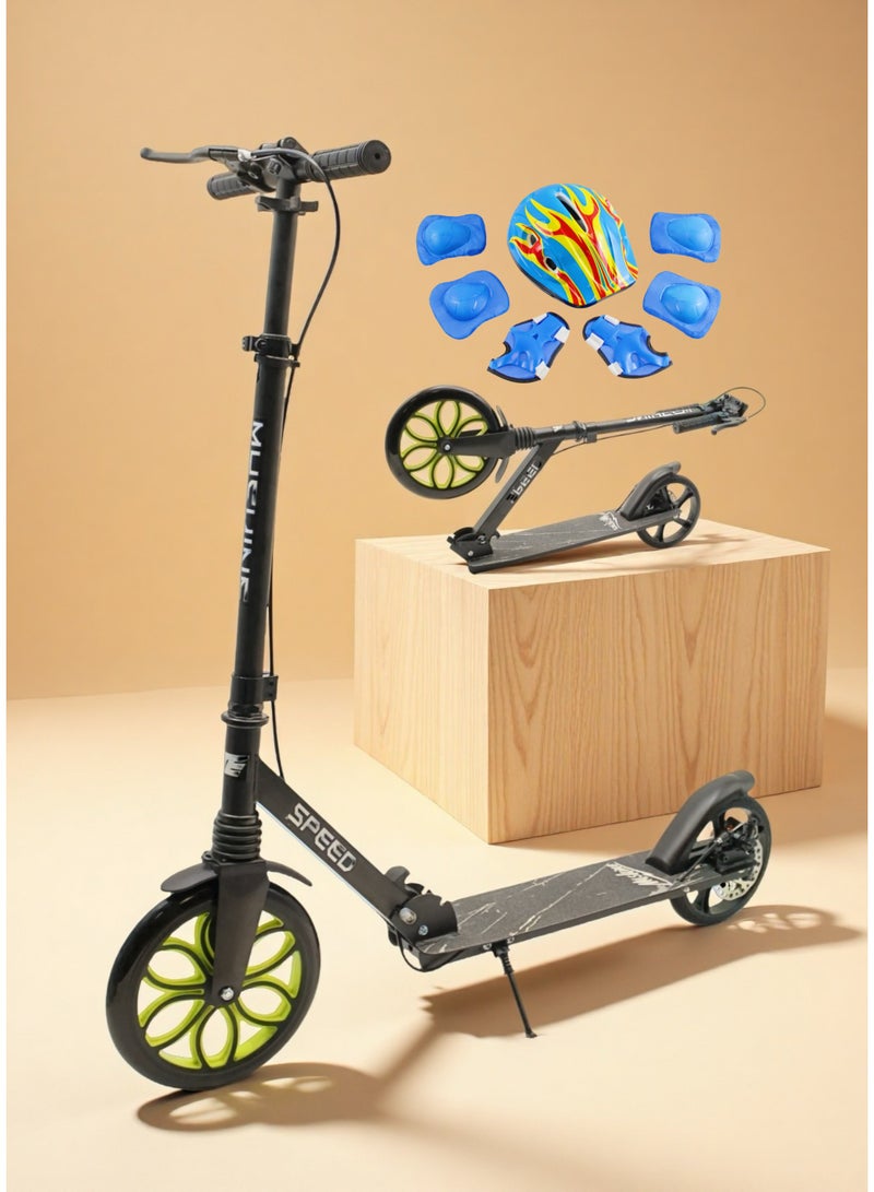 إيزي فيتشور سكوتر إيزي فيوتشر للأطفال من عمر 7 إلى 14 عامًا، مزود بمجموعة كاملة من معدات الحماية، قابل للطي، بعجلات كبيرة، ومقود قابل للتعديل، وفرامل خلفية، ومقبض سهل الإمساك. - Image 1