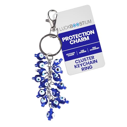 LUCKBOOSTIUM Evil Eye Cluster Keychain Ring - Blue, White and Black Evil Eye Beads, Good Luck Charm Keychain, Protection Rear View Mirror Accessories, Wall Decor, Bag Charms, Office and Home Ornaments - Image 1