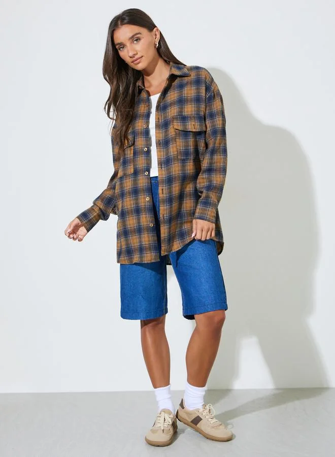 Styli Multi-Color Checked Longline Oversized Shirt with Pocket Details
