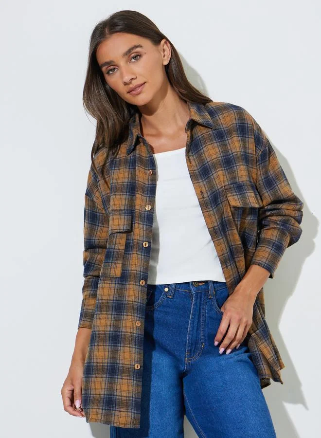Styli Multi-Color Checked Longline Oversized Shirt with Pocket Details