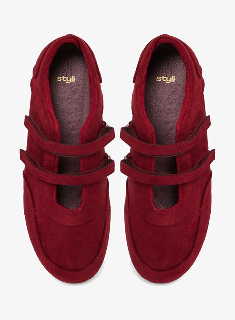 Styli  Red Solid Round Toe Velcro Sneakers for Women | Best Price UAE