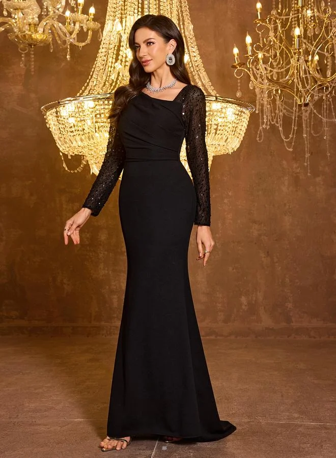 يونيت هورس Black Embellished Sleeve Maxi Evening Dress