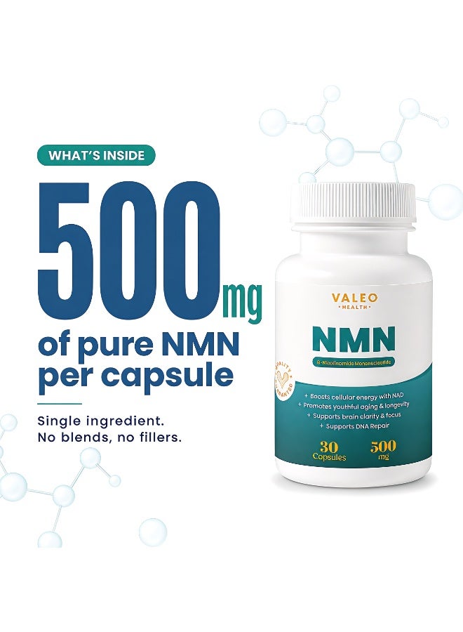 VALEO NMN 500mg Capsules: Pure Nicotinamide Mononucleotide NAD+ Booster for Anti-Ageing, Cellular Energy, Focus & Longevity Support. High-Purity Single Ingredient, Made in the UK – 30 Capsules (30-Day Supply) - Image 2