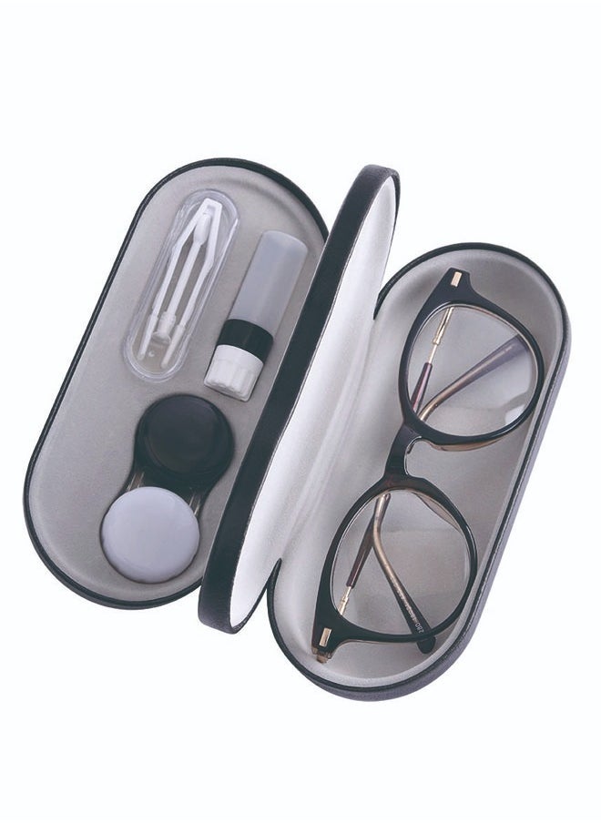 Generic - 2 in 1 Double Sided Portable Contact Lens Case and Glasses Case, Dual Use Design with Built in Mirror, Tweezer and Contact Lens Solution Bottle Included, Leather Leak Proof Box - Image 1