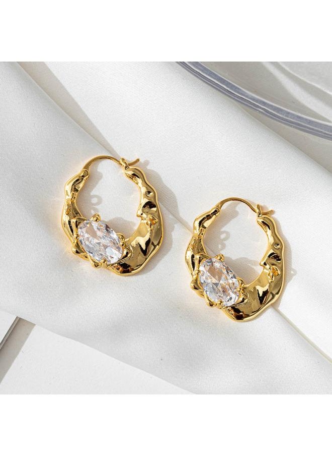 نيبمينينت European And American Temperament Zircon Irregular Brass Electroplated Real Gold Ear Buckle Niche High-end Retro French Earrings 