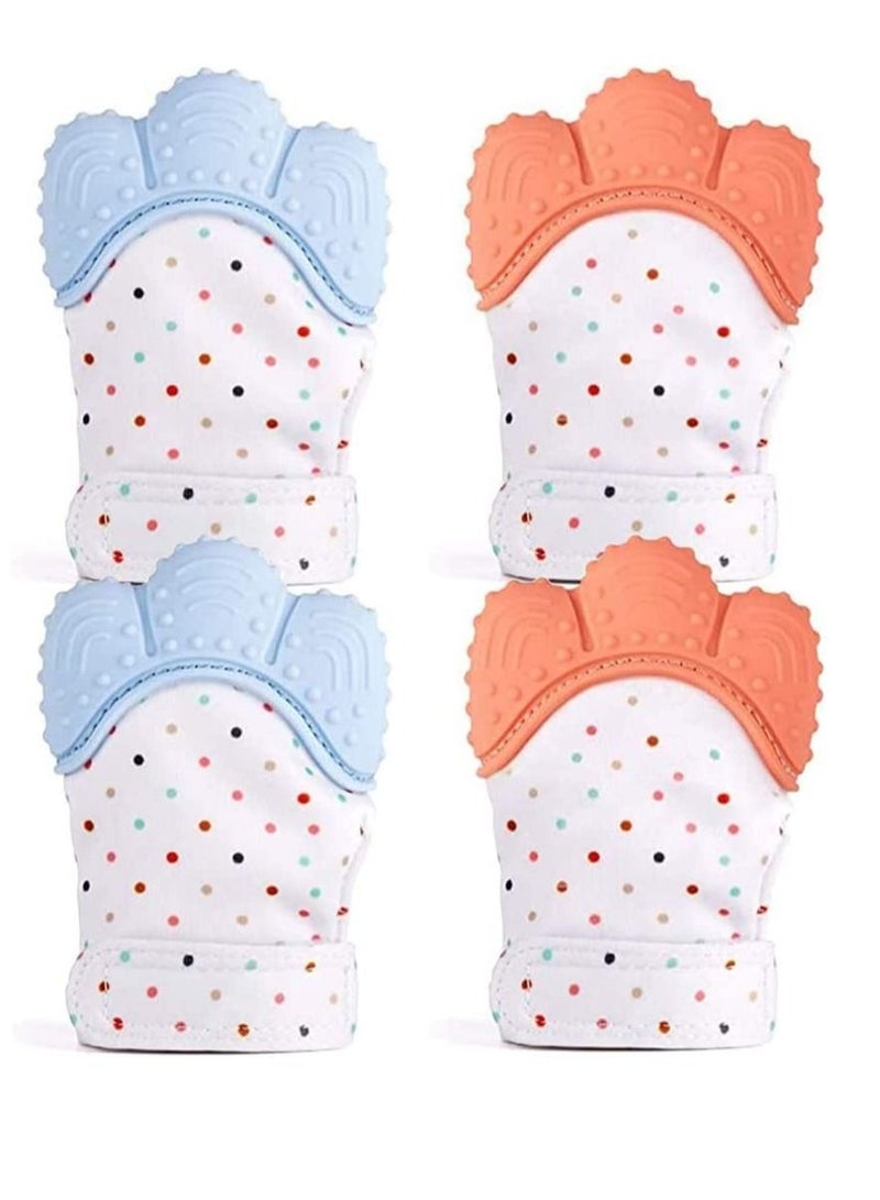 Y&D Baby Teething Mitten 4 Pack Food Grade Silicone Teether Glove Prevent Scratches Protection Gloves Soothing Pain Relief Mitt Stimulating Toys for Orange & Blue (Blue)  - Image 1