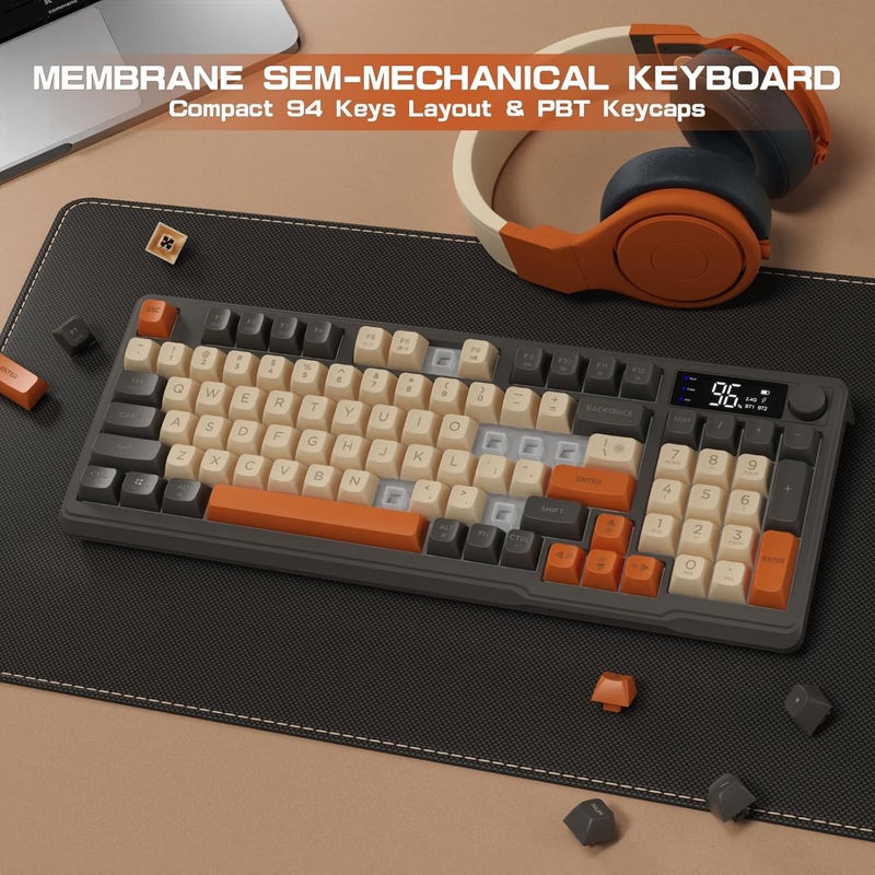 LexonElec Gaming Keyboard Dual-Mode Wireless with 2.4G & BT5.0, Semi-Mechanical Membrane Keyboard with Display & Button, Rainbow Backlit, 94 Keys PBT Keycap, 3000 mAh Rechargeable for Mac/PC-Grey - Image 5