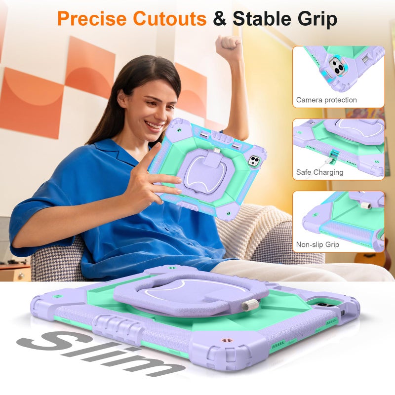 Auorld Case for iPad Pro 13 Inch M5 2025 / M4 2024, Auorld for iPad Pro 13 Inch M5 2025 with Screen Protector, 360 Degree Rotating Stand Shoulder Strap Pencil Holder, Purple Mint - Image 5