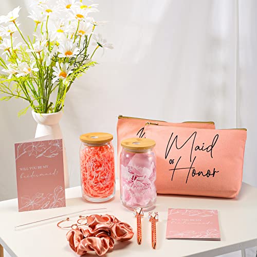 Irenare 36 Pcs Bridesmaid Proposal Gifts Set of 6 Will You Be My Bridesmaid 16 oz Glass Cup Brides Maid Cosmetic Bags Cards Bracelets Bridal Shower Favor Wedding Supplies Bachelorette Party(Rose Gold) - Image 4