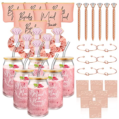 Irenare 36 Pcs Bridesmaid Proposal Gifts Set of 6 Will You Be My Bridesmaid 16 oz Glass Cup Brides Maid Cosmetic Bags Cards Bracelets Bridal Shower Favor Wedding Supplies Bachelorette Party(Rose Gold) - Image 1