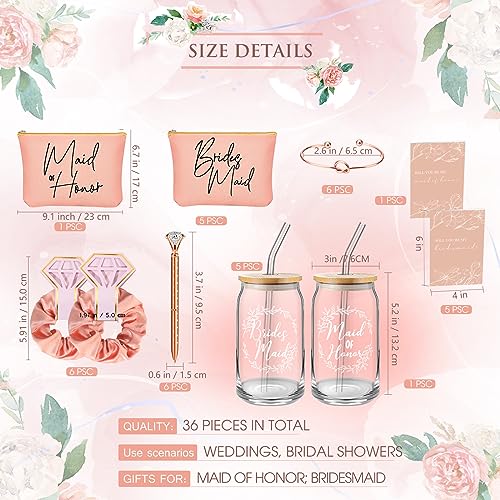 Irenare 36 Pcs Bridesmaid Proposal Gifts Set of 6 Will You Be My Bridesmaid 16 oz Glass Cup Brides Maid Cosmetic Bags Cards Bracelets Bridal Shower Favor Wedding Supplies Bachelorette Party(Rose Gold) - Image 2