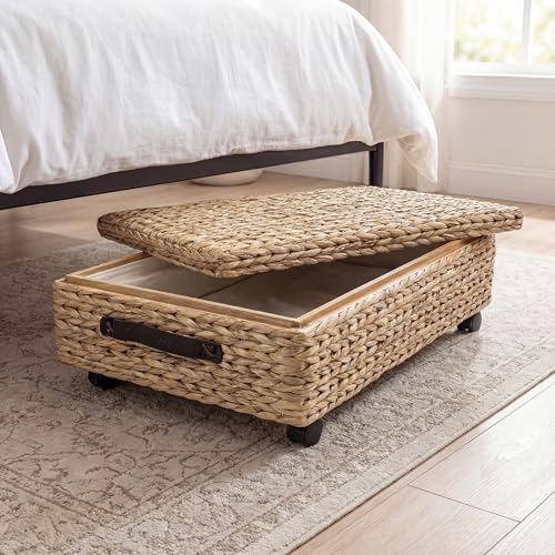 happimess BSK1006A 26.38" Chett Minimalist Hand-Woven Hyacinth/Wood Underbed Storage Bin with Wheels and Handles for Storage and Decoration in Bathroom, Bedroom, Closet, Entryway, Guest Room, Natural - Image 2