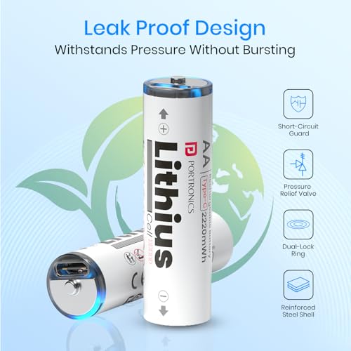 Portronics AA Lithius Type C Rechargeable Batteries, Pack of 2, Lithium Ion Cell Composition, Upto 1480mAh Capacity, Low Self Discharge, No Separate Charger Required (White) - Image 4