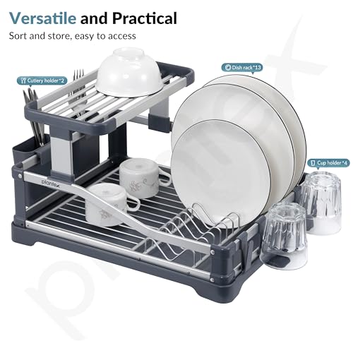 Plantex Aluminium Fold Flat Dish Drying Rack/2-Tier Dish Drainer with Drying Rack/Utensils Drying Rack/Vessel Drainer Basket/Kitchen Organiser Rack Stand- (Silver & Grey) - Image 4