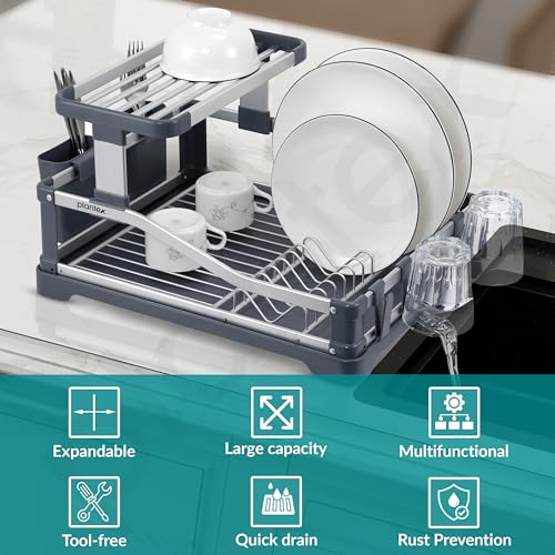 Plantex Aluminium Fold Flat Dish Drying Rack/2-Tier Dish Drainer with Drying Rack/Utensils Drying Rack/Vessel Drainer Basket/Kitchen Organiser Rack Stand- (Silver & Grey) - Image 2
