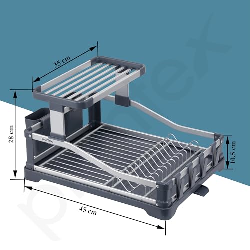 Plantex Aluminium Fold Flat Dish Drying Rack/2-Tier Dish Drainer with Drying Rack/Utensils Drying Rack/Vessel Drainer Basket/Kitchen Organiser Rack Stand- (Silver & Grey) - Image 3