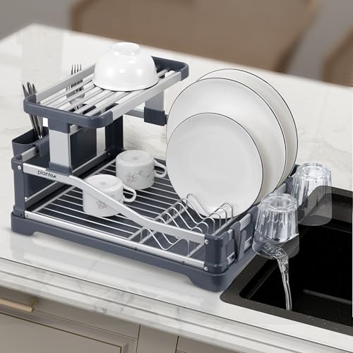 Plantex Aluminium Fold Flat Dish Drying Rack/2-Tier Dish Drainer with Drying Rack/Utensils Drying Rack/Vessel Drainer Basket/Kitchen Organiser Rack Stand- (Silver & Grey) - Image 1