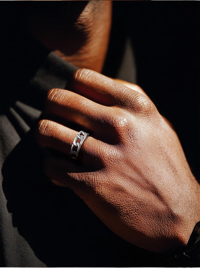 U7 Stainless Steel Mens Rings,Classic Silver Rings Cuban Link Chain Rings for Men Women Size 10 - Image 3
