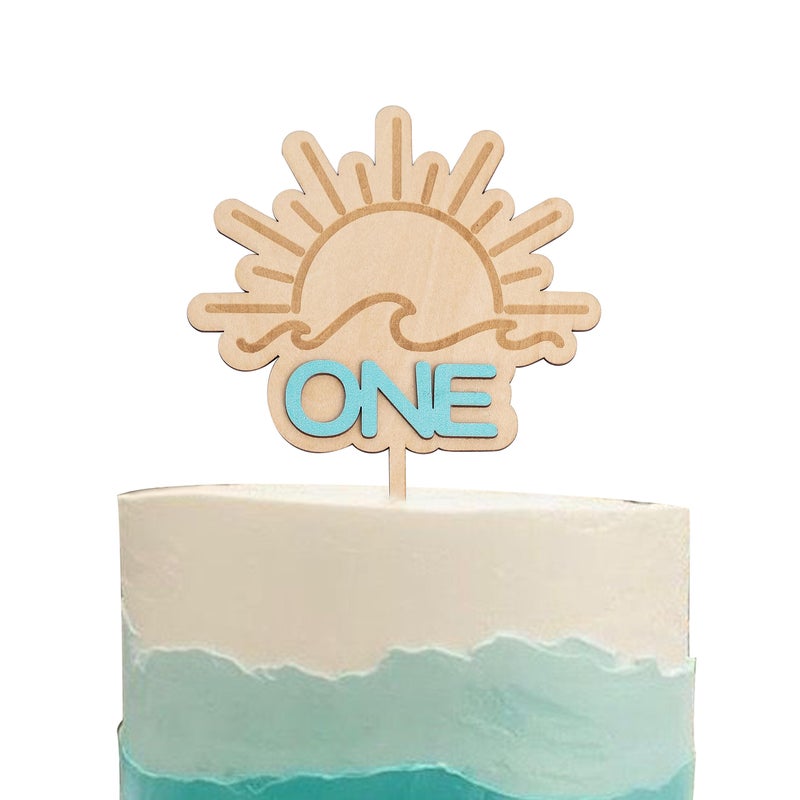 MUWEOL Wave Surf Wooden Cake Topper - The Big One Themed 1st/First Birthday Party Decoration Smash Cake Photo Props - Image 1