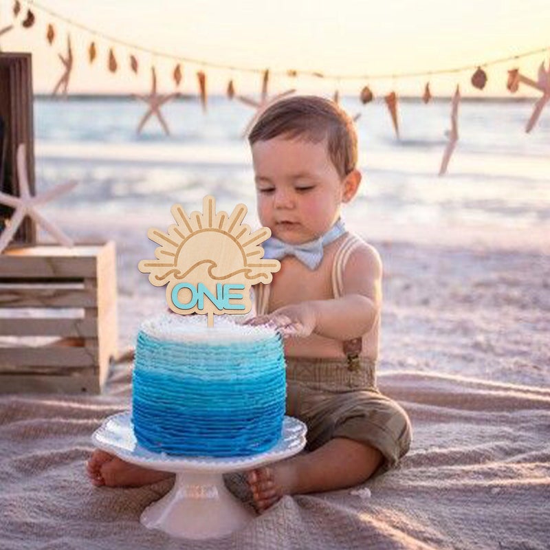 MUWEOL Wave Surf Wooden Cake Topper - The Big One Themed 1st/First Birthday Party Decoration Smash Cake Photo Props - Image 4