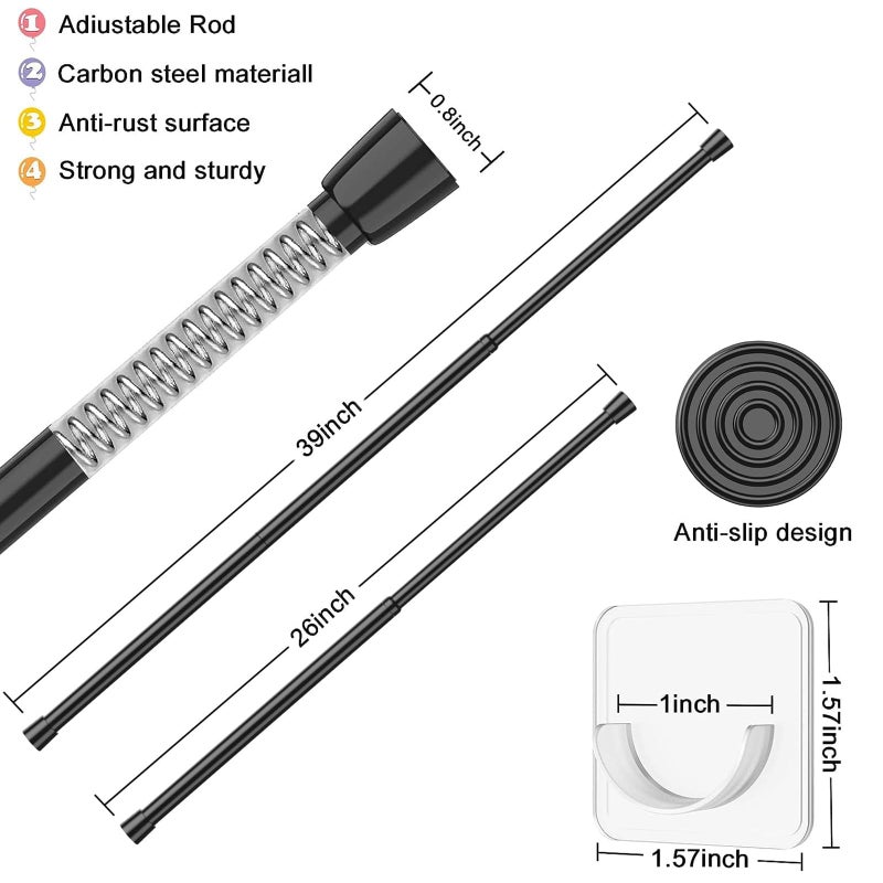 AIZESI 2 Pack Tension Rods Spring Tension Curtain Rod, 26 to 39 Inch Adjustable Black Tension Rod, Small Curtain Rods Spring Loaded Curtains Tension Rods for Window, Bathroom, Cupboard, Kitchen, Home - Image 2