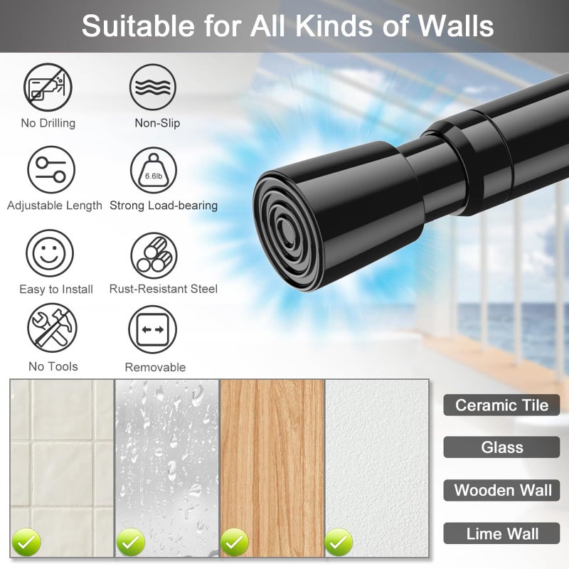 AIZESI 2 Pack Tension Rods Spring Tension Curtain Rod, 26 to 39 Inch Adjustable Black Tension Rod, Small Curtain Rods Spring Loaded Curtains Tension Rods for Window, Bathroom, Cupboard, Kitchen, Home - Image 3