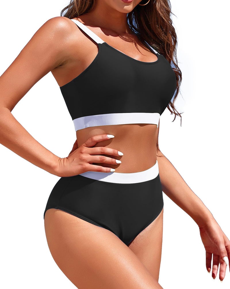 Adisputent Womens High Waisted Bikini Sets Sporty Crop Top Color Block Swimwear Bandeau Scoop Neck Vintage Two Piece Bathing Suits Black M - Image 5