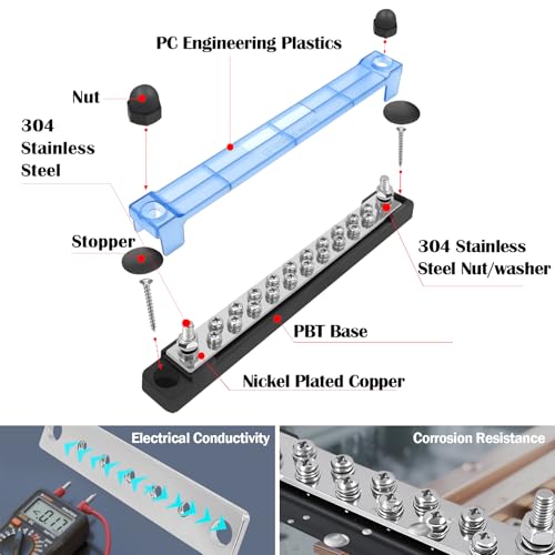 LENKRAD 2 Packs 150A Battery Bus Bar - 10 Terminal Power Distribution Block Bus Bars with Ring Terminals, 10 Way 8/32" Screws, 2 Way 1/4" Studs - Image 3