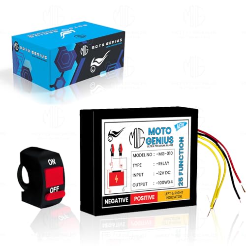 MOTO GENIUS Universal Motorcycle Hazard Indicator Flasher Relay, 25 Flash Patterns with Switch, Waterproof LED | Bulb Compatible Blinker for Turn Signal Lights - Image 1