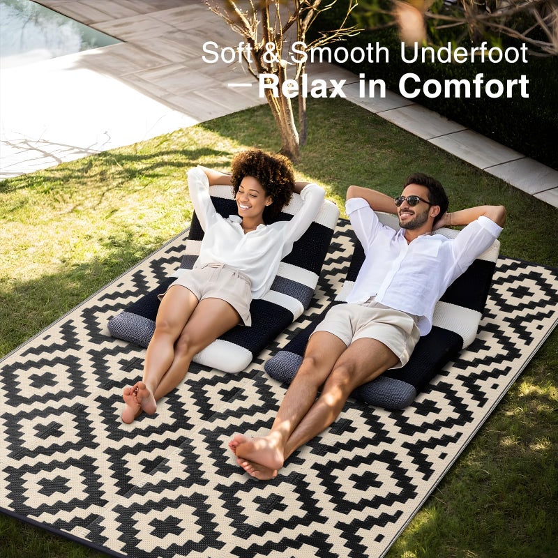 OLANLY Waterproof Outdoor Rug 6x9 ft, Outdoor Plastic Straw Rug for Camping, RV Mat Outside, Outdoor Carpet for Porch, Deck, Backyard, Balcony, Picnic, Black & Beige - Image 5