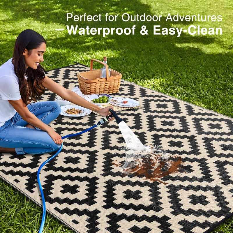 OLANLY Waterproof Outdoor Rug 6x9 ft, Outdoor Plastic Straw Rug for Camping, RV Mat Outside, Outdoor Carpet for Porch, Deck, Backyard, Balcony, Picnic, Black & Beige - Image 3