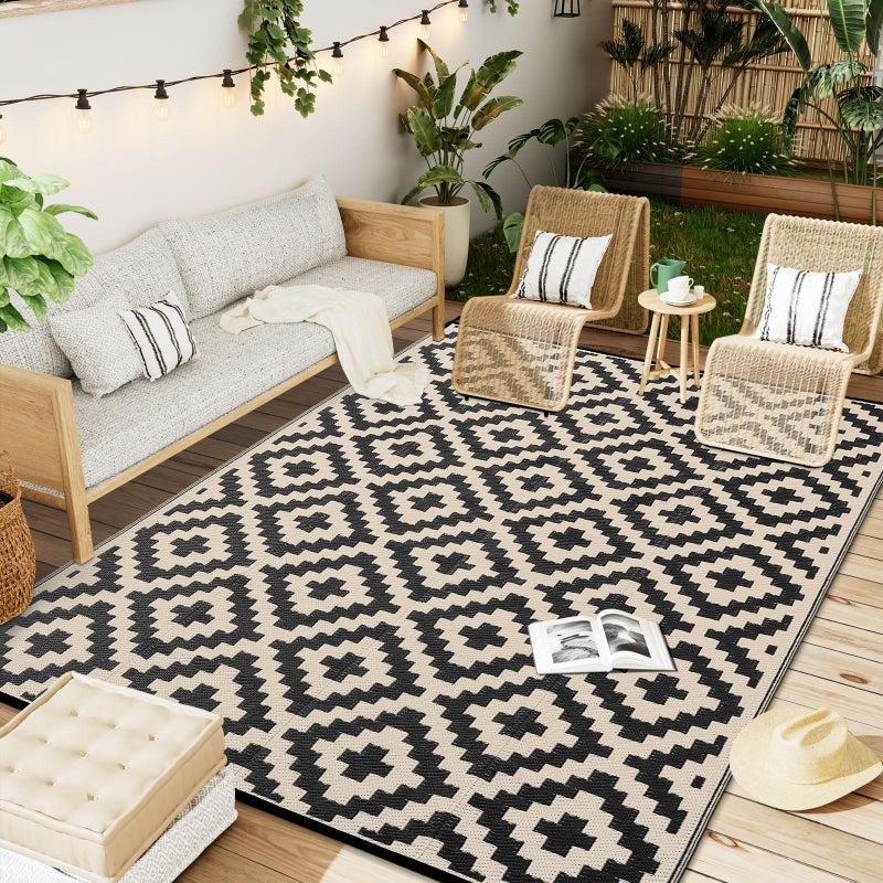 OLANLY Waterproof Outdoor Rug 6x9 ft, Outdoor Plastic Straw Rug for Camping, RV Mat Outside, Outdoor Carpet for Porch, Deck, Backyard, Balcony, Picnic, Black & Beige - Image 1