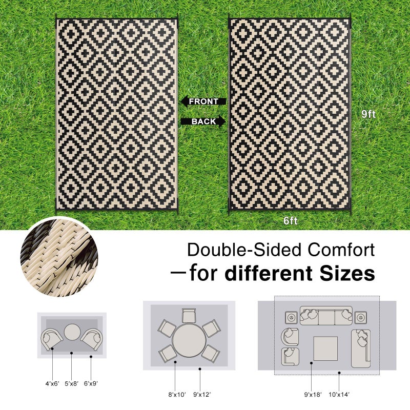 OLANLY Waterproof Outdoor Rug 6x9 ft, Outdoor Plastic Straw Rug for Camping, RV Mat Outside, Outdoor Carpet for Porch, Deck, Backyard, Balcony, Picnic, Black & Beige - Image 2