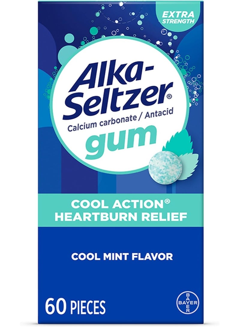Alka-Seltzer Cool Action Heartburn Relief Gum, Extra Strength Antacid Gum, Acid Indigestion and Upset Stomach Relief, No Chalky Taste, Cool Mint Flavor, 60 Count