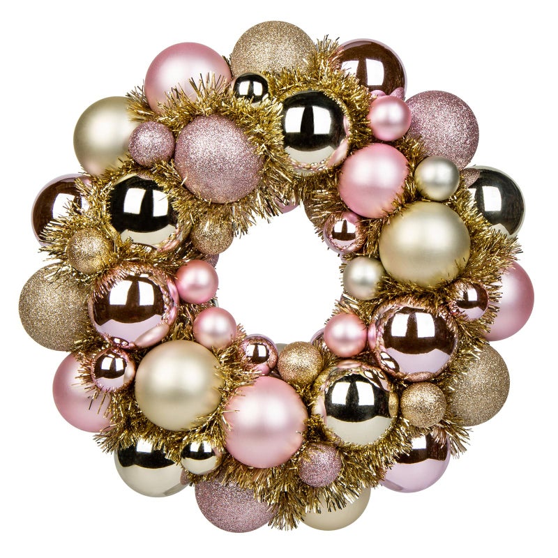 Christmas Ball Wreath 13 Xmas Wreaths Ornaments Glitter Thicken Shatterproof Garland Decoration for Door Wall Mantel Holiday Party Decor Champagne Gold Pink