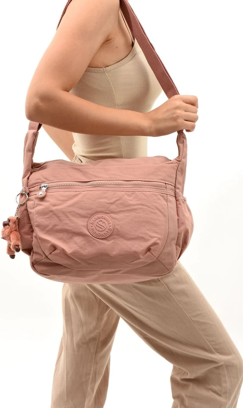 سانموريس Unisex Water Resistant Crinkle Fabric Cross Pink Color Daily School Travel and Shoulder Bag