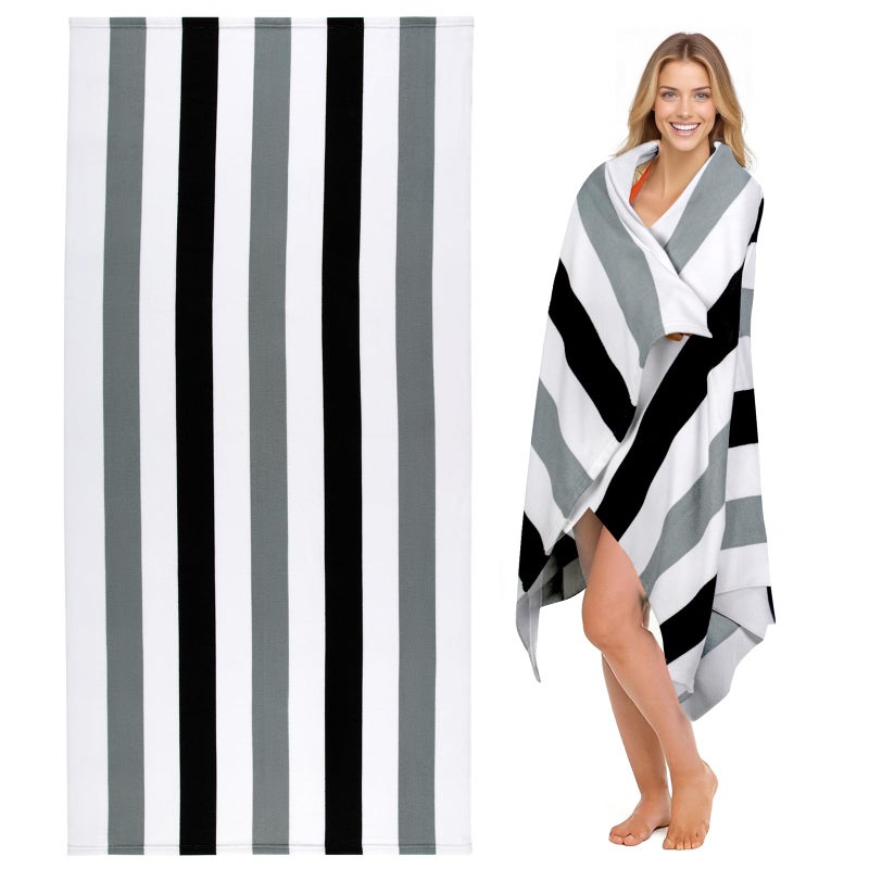 cabanana Large Oversized Beach Towel  Microfiber Sand Free 35 x 70 Inch Quick Dry Lightweight Pool Towel for Adults Thin Striped Swim Towel Black