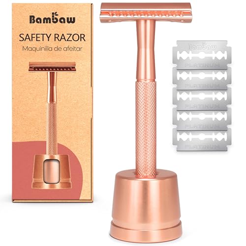 Bambaw Double Edge Safety Razor with Stand Women Razor with 5 Double Edge Safety Razor Blades Plastic Free Metal Razor  Rose Gold