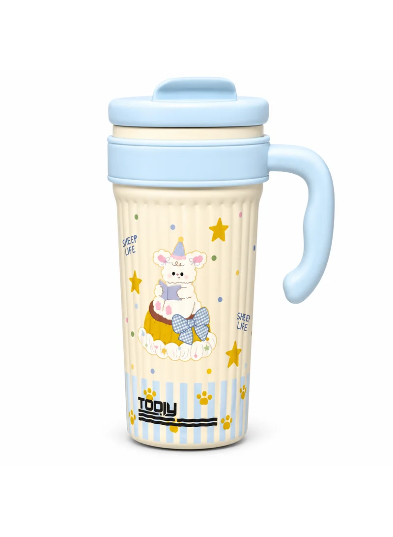 Tooly 750ml Stainless Steel Vacuum Insulated Travel Mug Flask with Handle & Straw – Double Wall Hot & Cold Cute Cartoon Bear/Sheep Tumbler, BPA Free, Cup Holder Friendly (Beige / Cream)