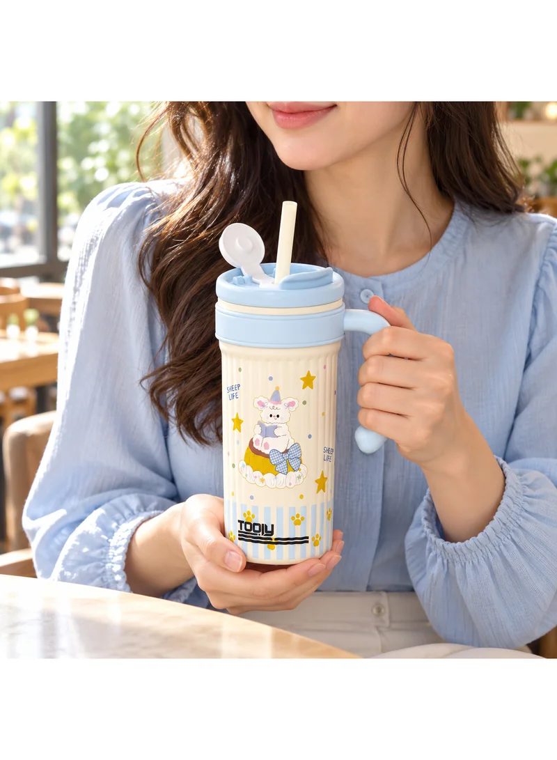 Tooly 750ml Stainless Steel Vacuum Insulated Travel Mug Flask with Handle & Straw – Double Wall Hot & Cold Cute Cartoon Bear/Sheep Tumbler, BPA Free, Cup Holder Friendly (Beige / Cream)